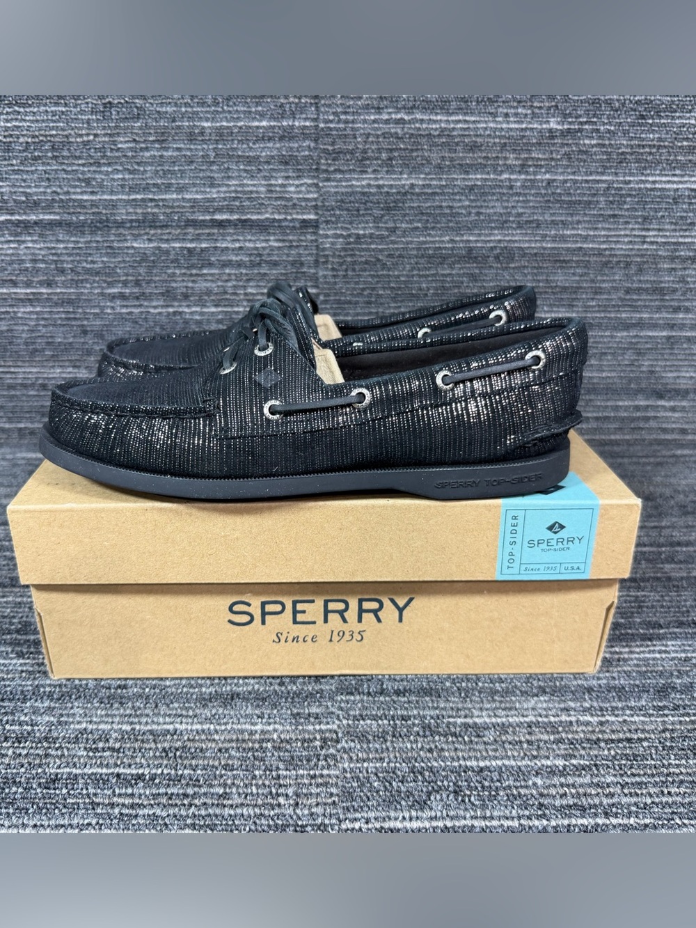 Sperry A/O 2-Eye Metalic Stripped Black Boat Shoes STS97151 Women’s 6.5 M New - Picture 2 of 8